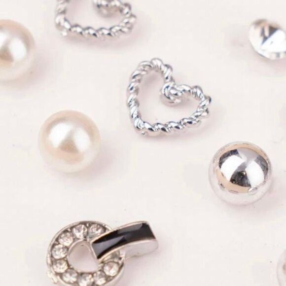 6 pair of stud earrings, bow, heart, pearl, silver - Picture 3 of 3